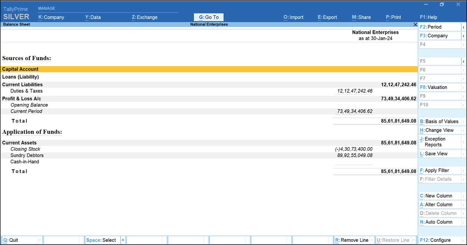 TallyPrime balance sheet showing sources and application of funds