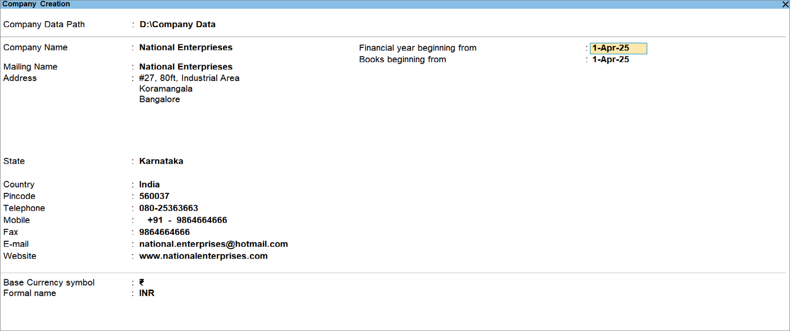TallyPrime company creation screen with company name, address and financial year details
