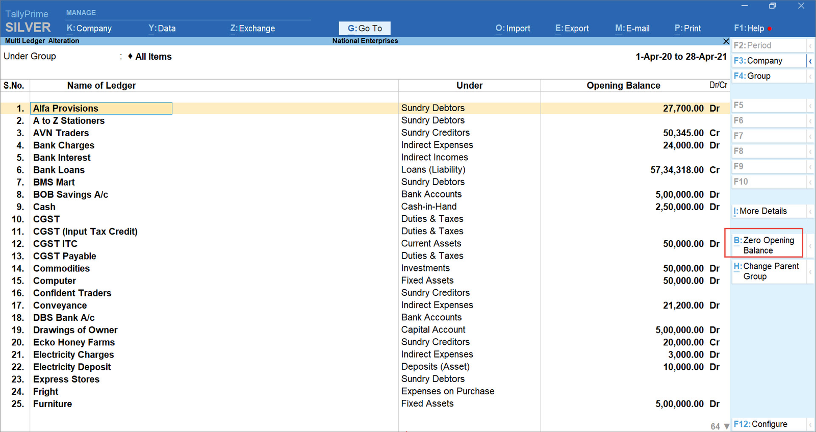 TallyPrime ledger list showing CGST, SGST and IGST tax ledgers