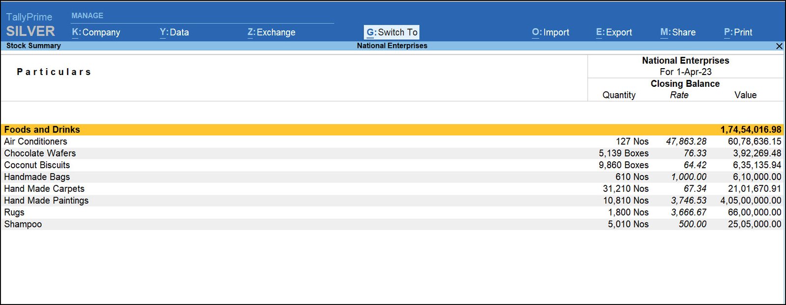 TallyPrime stock summary listing items with quantity, rate and value